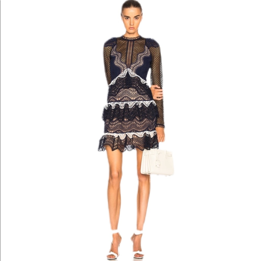 SELF-PORTRAIT Wave Guipure Lace Tiered Ruffled Mini Cocktail Dress